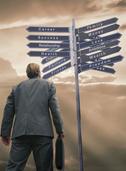 Businessman contemplating choices on sign