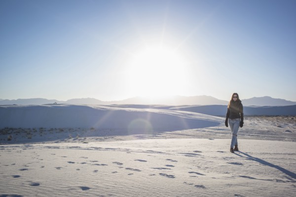 Caucasian woman walking in White Sands National Park