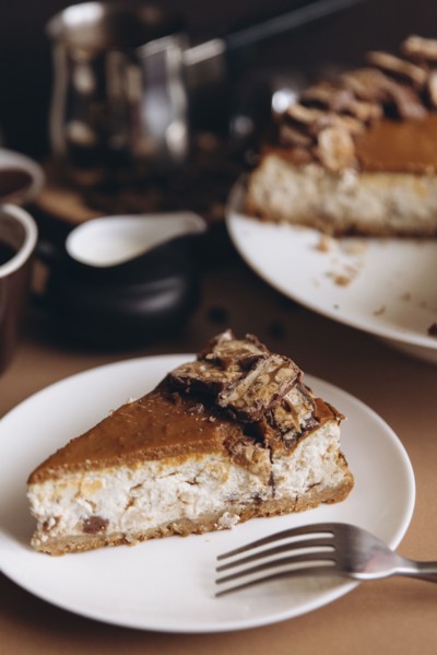 Slice of cheesecake on plate with fork