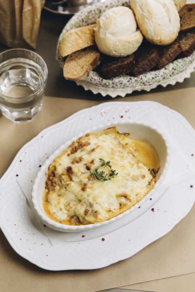 Baked lasagna and bread