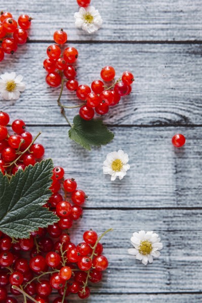 Red berries and leaves on table with flowers