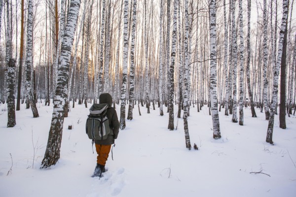 Mixed race man walking in snowy forest