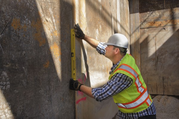 Caucasian construction worker holding level against wall
