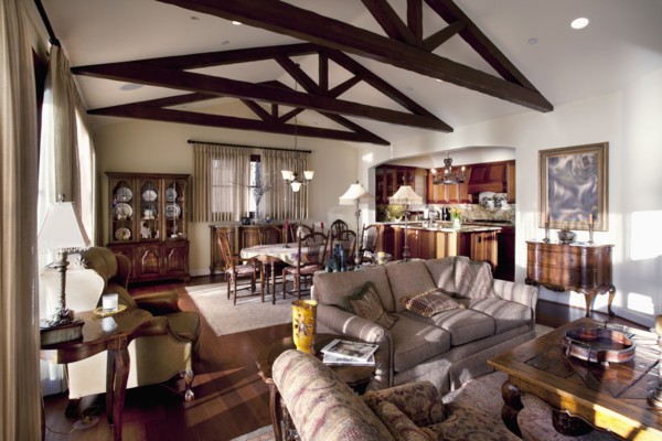 Wooden ceiling beams in great room
