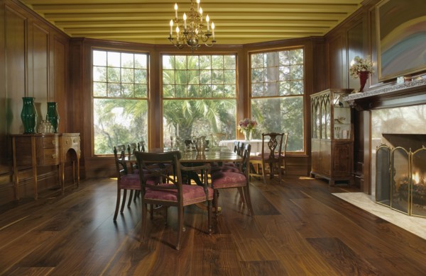 Elegant dining room with bay windows and fireplace