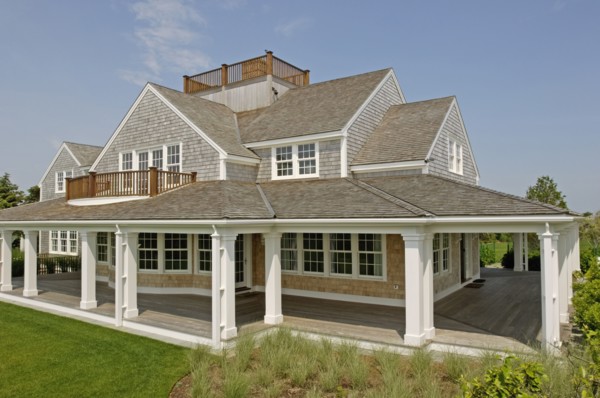 Exterior contemporary shingle style home with rooftop balcony