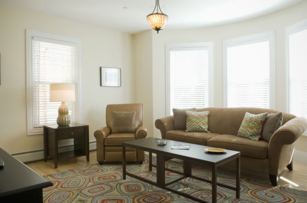 Living room with colorful area rug