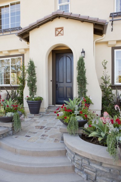 Walkway along plants leading to an arched entrance with closed brown door