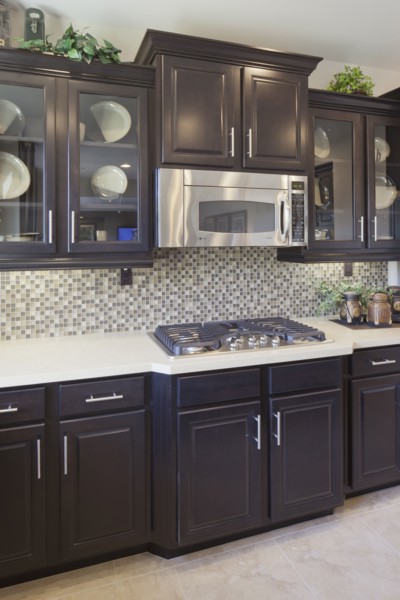Wooden cabinets in domestic kitchen