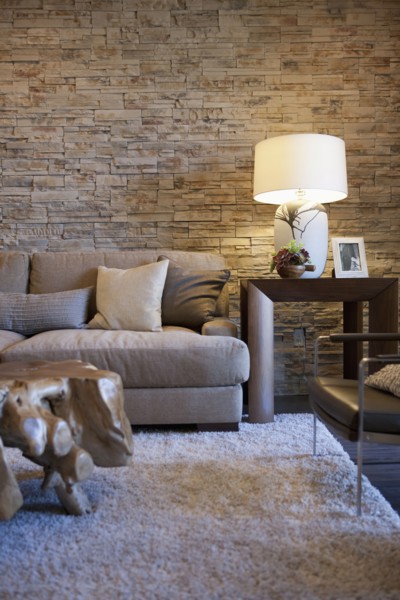 Sofa by end table in living room