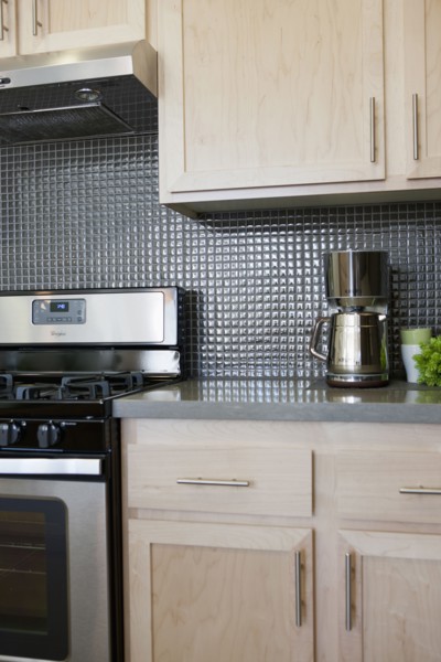 Cabinets and stove in domestic kitchen
