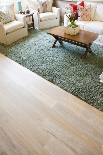 Coffee table and sage rug in living room