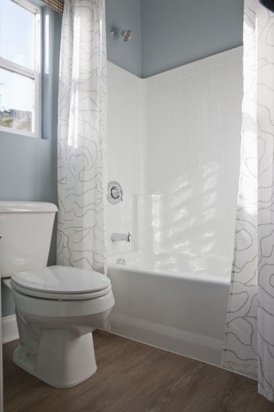 Toilet seat and bathtub in domestic bathroom