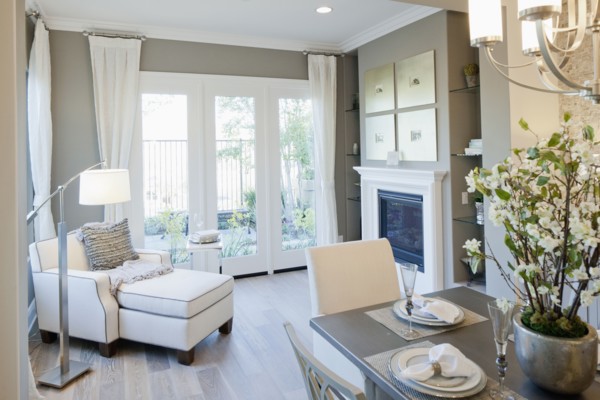 Open plan of seating area and dining area