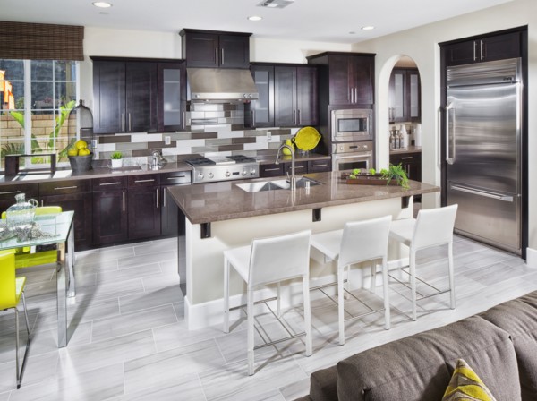 Breakfast bar island in domestic kitchen