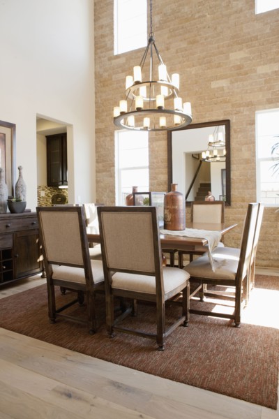 Chandelier above dining table