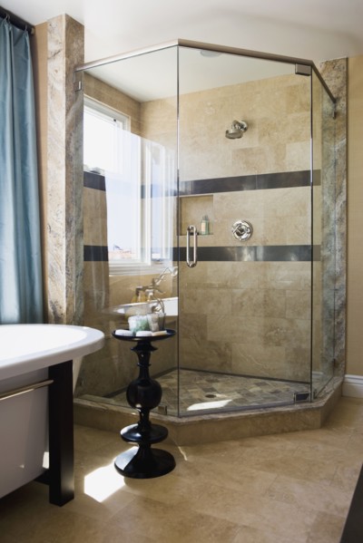 Modern glass shower in corner