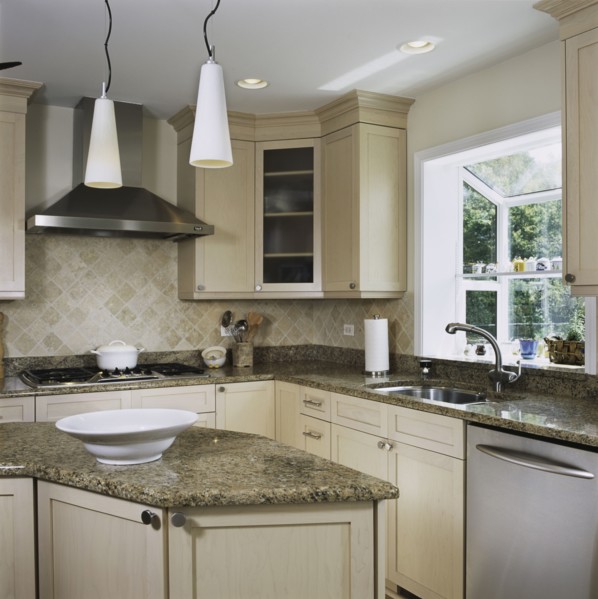 Granite counters in kitchen with triangle work area