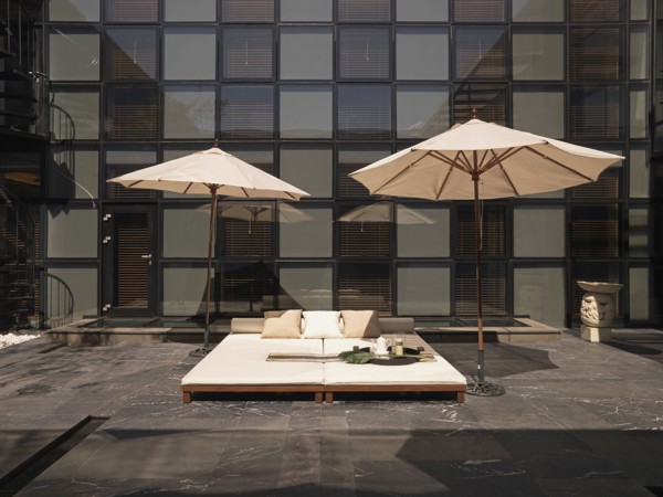 Outdoor lounge area with umbrellas