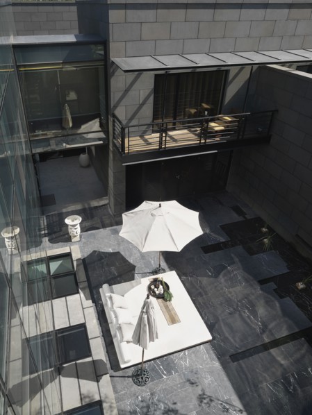 Outdoor lounge area with umbrellas