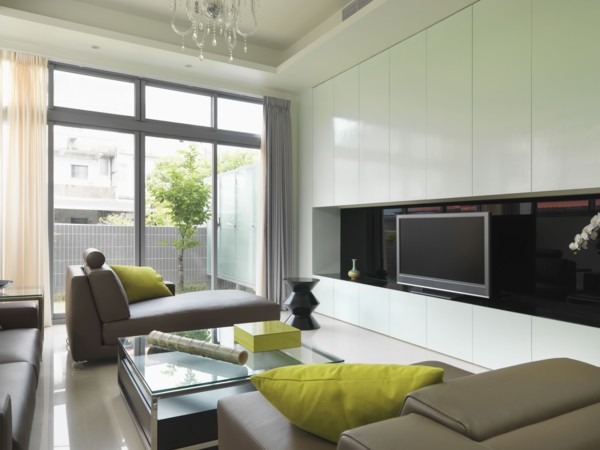 Modern living room with lime green accents