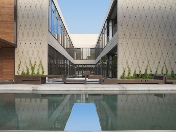 Reflecting pool outside of modern building