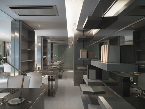Modern work space with row of desks