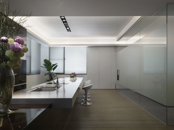 Modern kitchen with long countertop
