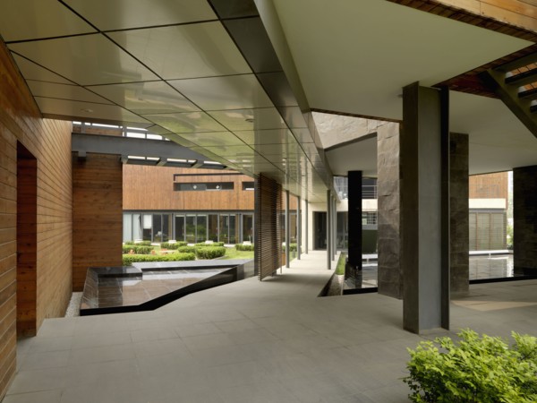 Walkway beneath modern building