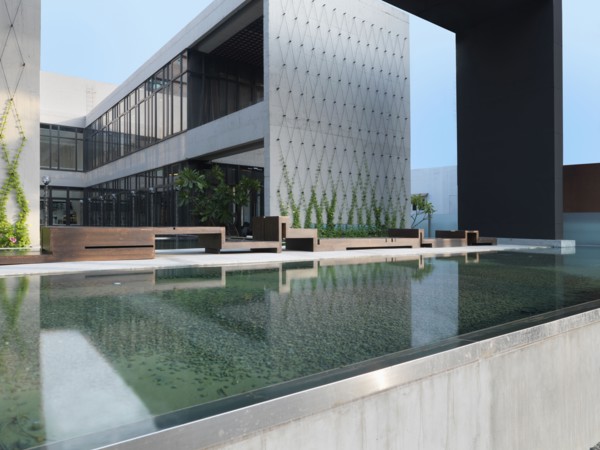 Reflecting pool outside of modern building