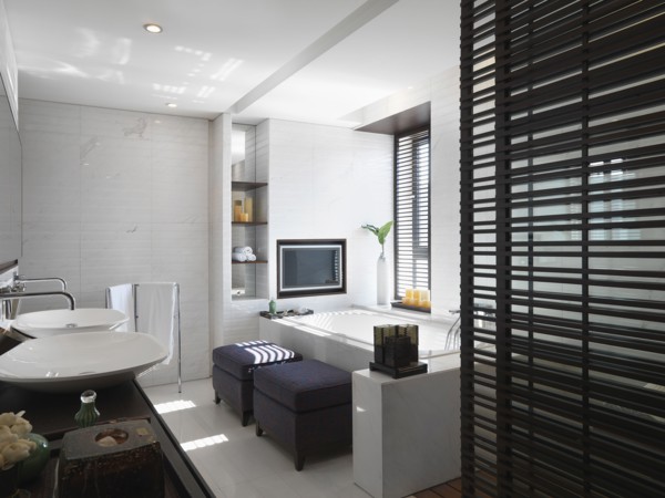 Modern white bathroom with double bowl sinks
