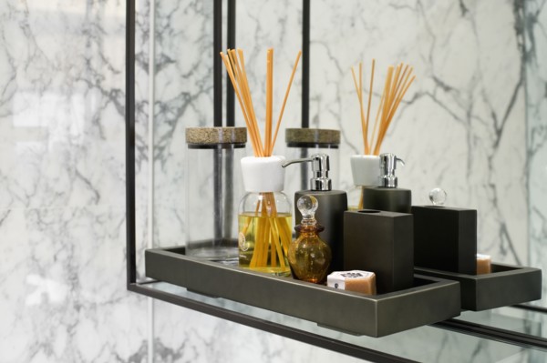 Bath products and incense on shelf
