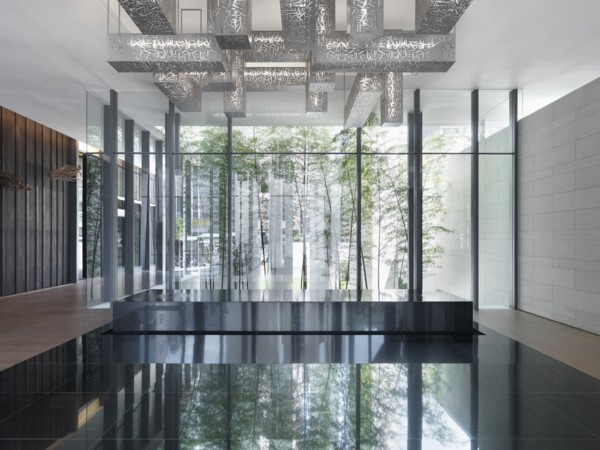 Lobby with modern light fixture