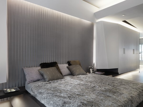 Modern platform bed with fur comforter