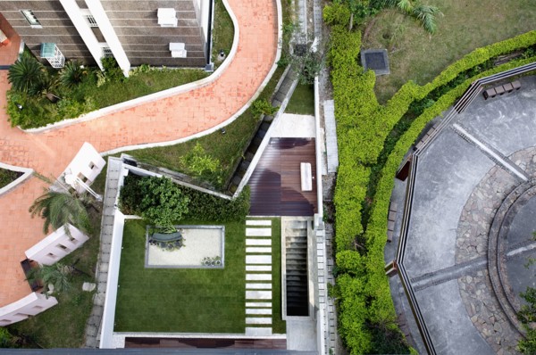 Aerial view landscaping and walkways