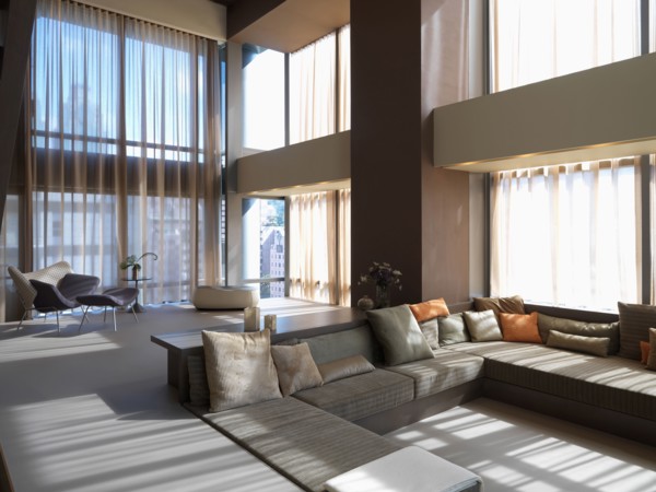 Modern living room with step down to sofa