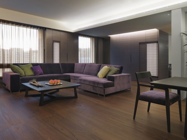 Purple sectional sofa in modern living room