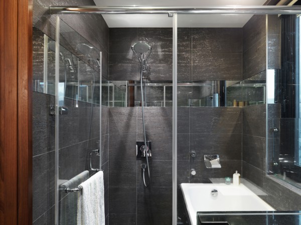 Black tile glass shower