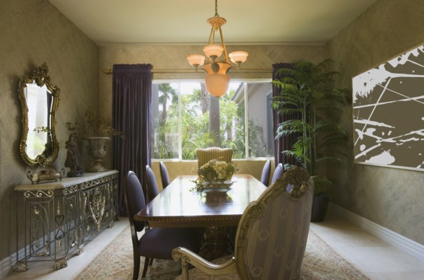 Elegant Dining Room with Purple Chairs