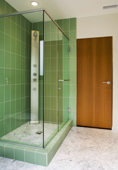 Modern Bathroom with Green Shower Tiles