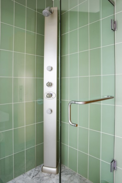 Modern Shower with Green Tile