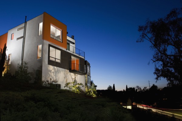 Front Exterior of Modern Condominium at Dusk