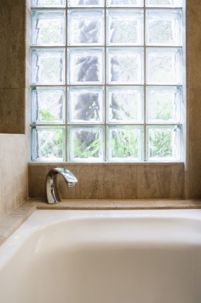 Detail of bathtub and cubed glass window.