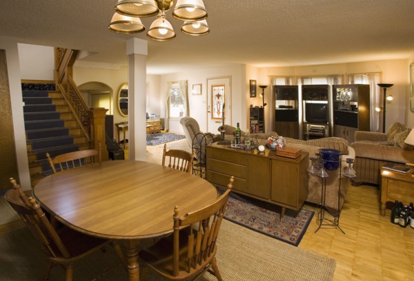 Interior of a large traditional living area with wood floors