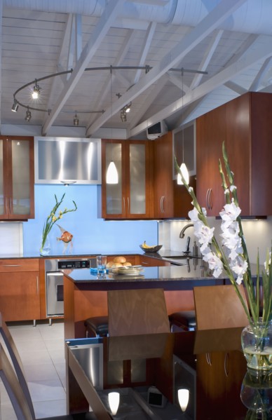 Modern kitchen with rafters