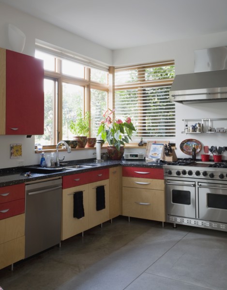 Contemporary kitchen with red cabinets