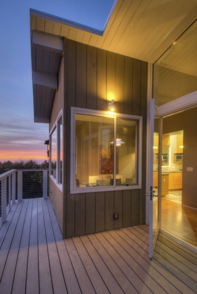 Balcony with floorboards in contemporary house