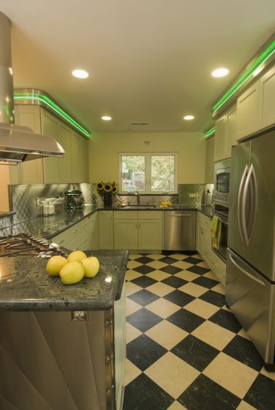 Diner style kitchen with green neon lights