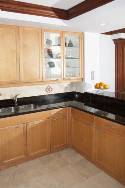 Cabinets and counters in modern kitchen