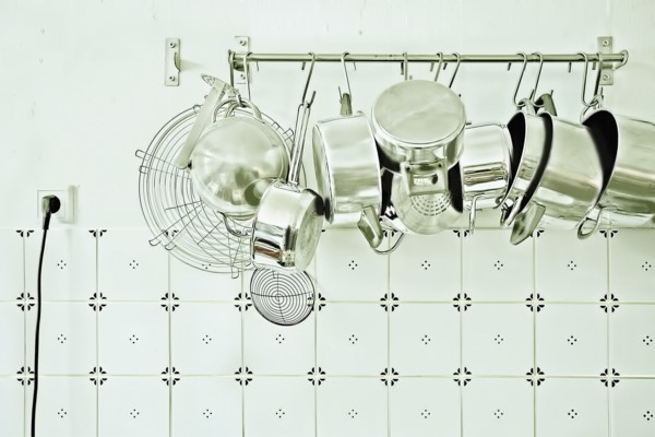 Pots and pans hanging in kitchen
